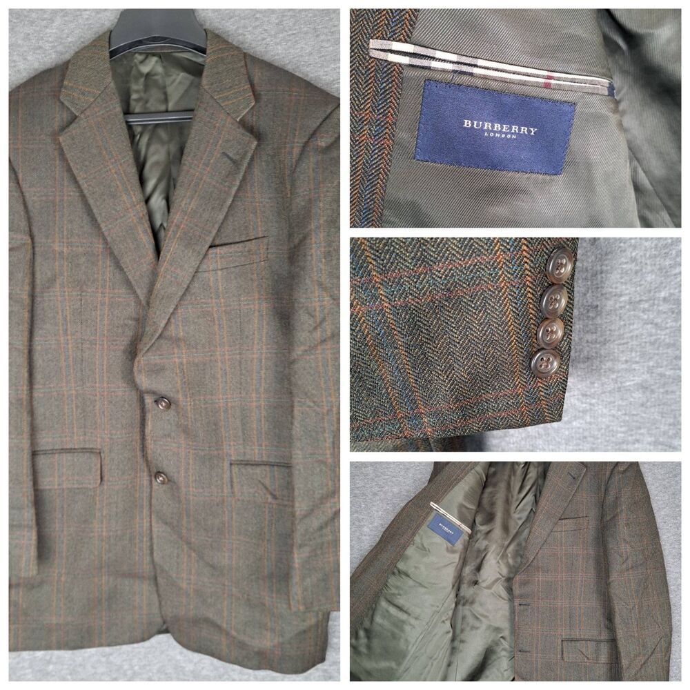 USA Burberry 40R Green Custom Herringbone Windowpane Wool Tweed Sport Coat VTG